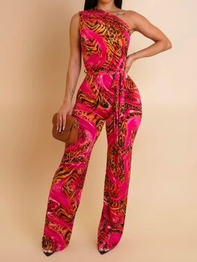 One-Shoulder Pink Print Jumpsuit
